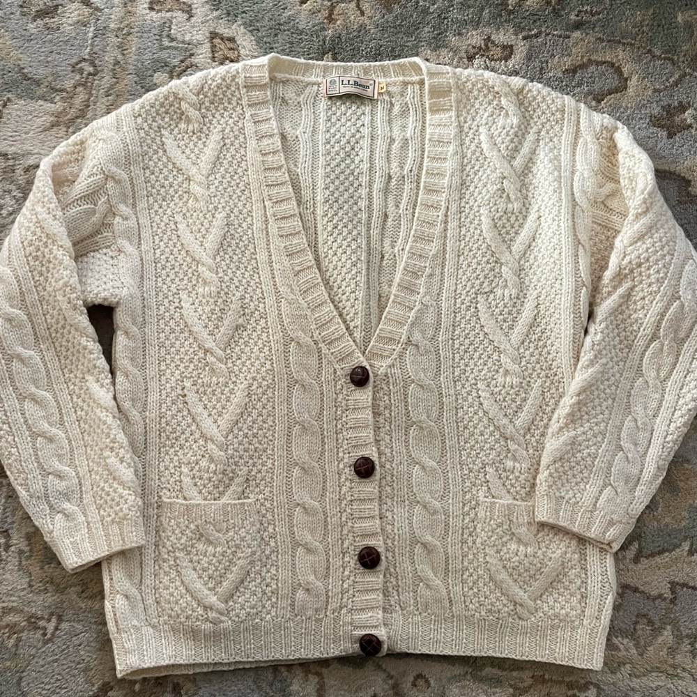 Vintage LL Bean Chunky Cable Knit Irish Aran Fisherman Sweater Button Cardigan M